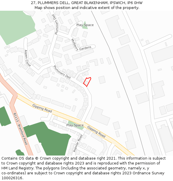 27, PLUMMERS DELL, GREAT BLAKENHAM, IPSWICH, IP6 0HW: Location map and indicative extent of plot