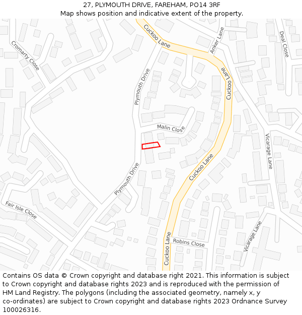 27, PLYMOUTH DRIVE, FAREHAM, PO14 3RF: Location map and indicative extent of plot