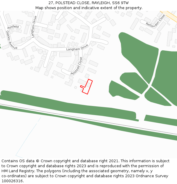 27, POLSTEAD CLOSE, RAYLEIGH, SS6 9TW: Location map and indicative extent of plot