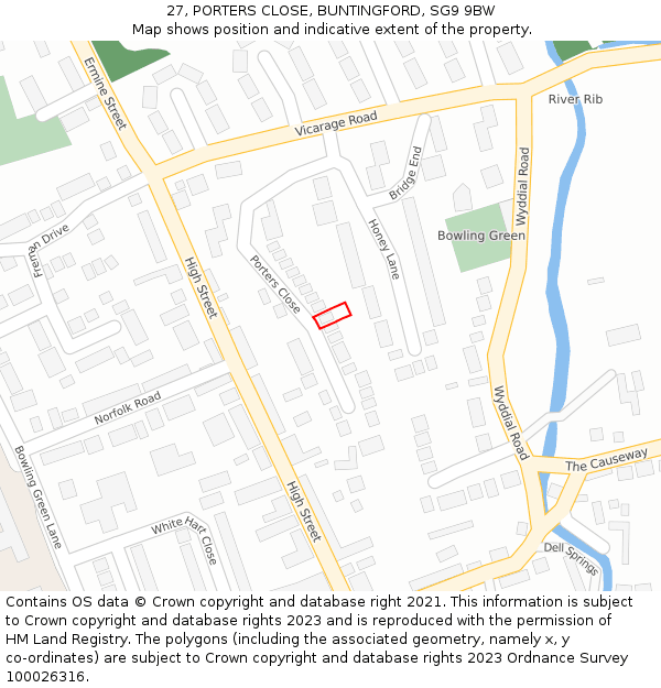 27, PORTERS CLOSE, BUNTINGFORD, SG9 9BW: Location map and indicative extent of plot