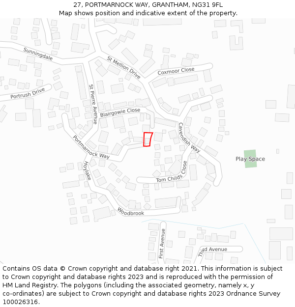 27, PORTMARNOCK WAY, GRANTHAM, NG31 9FL: Location map and indicative extent of plot