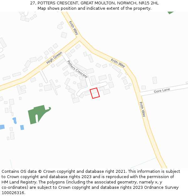 27, POTTERS CRESCENT, GREAT MOULTON, NORWICH, NR15 2HL: Location map and indicative extent of plot