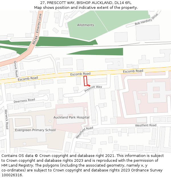 27, PRESCOTT WAY, BISHOP AUCKLAND, DL14 6FL: Location map and indicative extent of plot