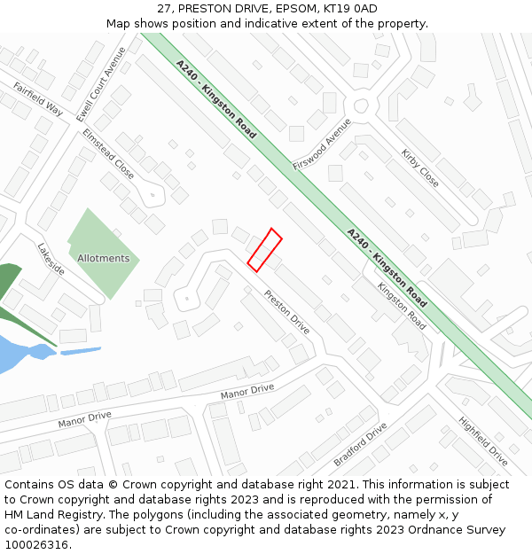 27, PRESTON DRIVE, EPSOM, KT19 0AD: Location map and indicative extent of plot