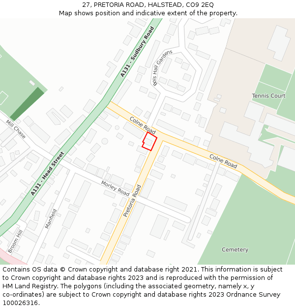 27, PRETORIA ROAD, HALSTEAD, CO9 2EQ: Location map and indicative extent of plot