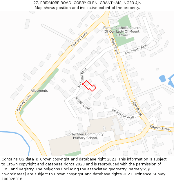 27, PRIDMORE ROAD, CORBY GLEN, GRANTHAM, NG33 4JN: Location map and indicative extent of plot