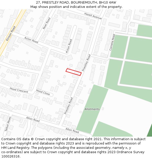 27, PRIESTLEY ROAD, BOURNEMOUTH, BH10 4AW: Location map and indicative extent of plot