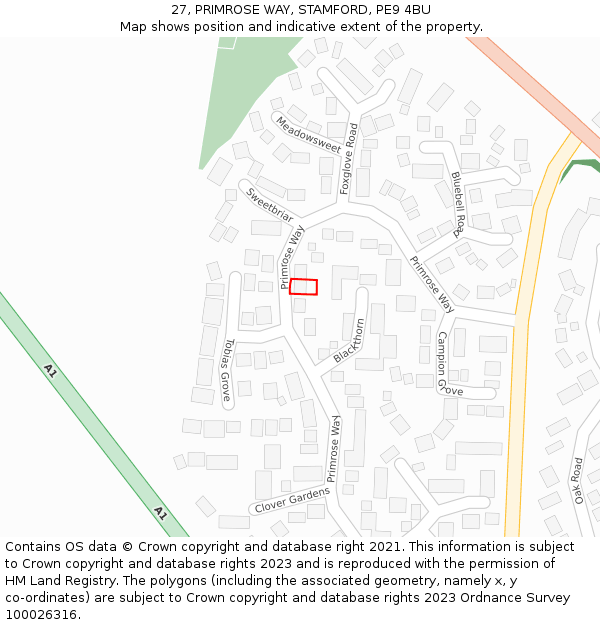 27, PRIMROSE WAY, STAMFORD, PE9 4BU: Location map and indicative extent of plot