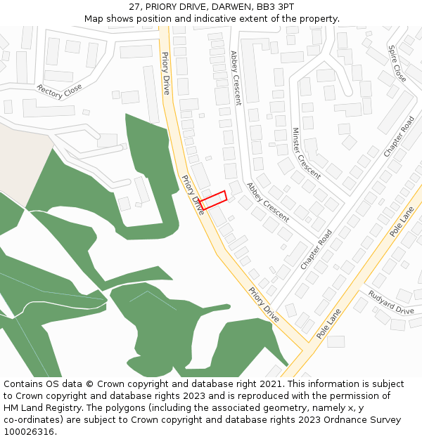 27, PRIORY DRIVE, DARWEN, BB3 3PT: Location map and indicative extent of plot