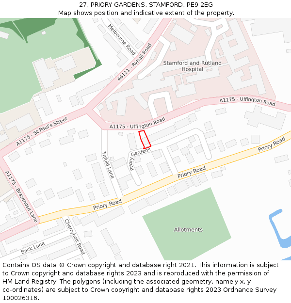 27, PRIORY GARDENS, STAMFORD, PE9 2EG: Location map and indicative extent of plot