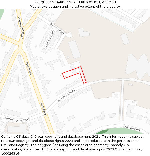 27, QUEENS GARDENS, PETERBOROUGH, PE1 2UN: Location map and indicative extent of plot