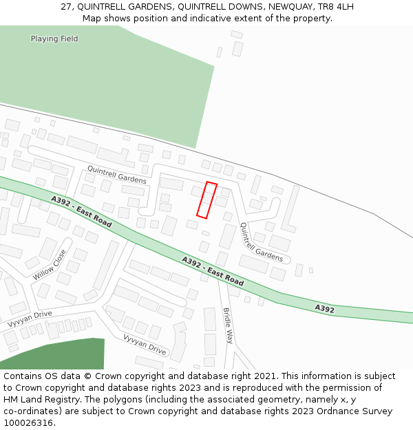 27, QUINTRELL GARDENS, QUINTRELL DOWNS, NEWQUAY, TR8 4LH: Location map and indicative extent of plot