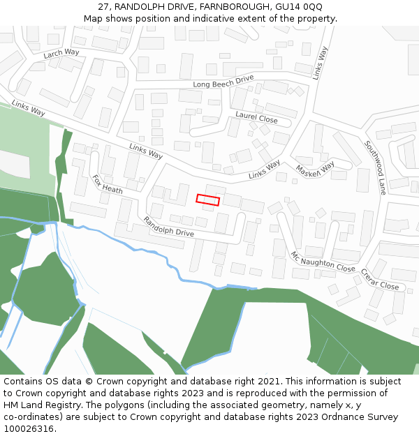 27, RANDOLPH DRIVE, FARNBOROUGH, GU14 0QQ: Location map and indicative extent of plot