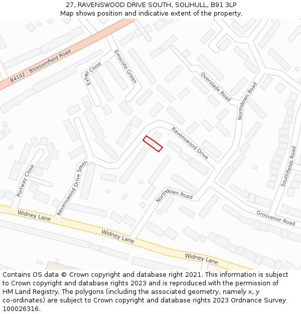 27, RAVENSWOOD DRIVE SOUTH, SOLIHULL, B91 3LP: Location map and indicative extent of plot