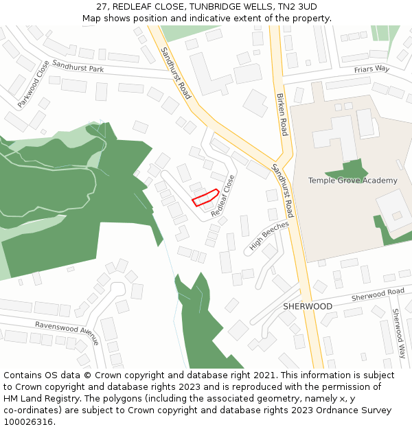 27, REDLEAF CLOSE, TUNBRIDGE WELLS, TN2 3UD: Location map and indicative extent of plot