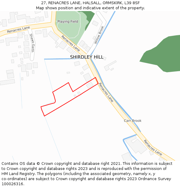 27, RENACRES LANE, HALSALL, ORMSKIRK, L39 8SF: Location map and indicative extent of plot