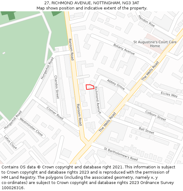 27, RICHMOND AVENUE, NOTTINGHAM, NG3 3AT: Location map and indicative extent of plot