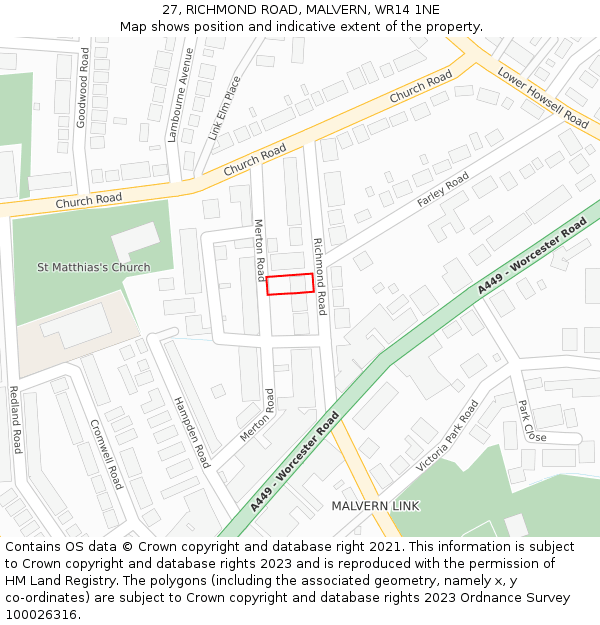 27, RICHMOND ROAD, MALVERN, WR14 1NE: Location map and indicative extent of plot