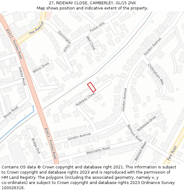 27, RIDEWAY CLOSE, CAMBERLEY, GU15 2NX: Location map and indicative extent of plot