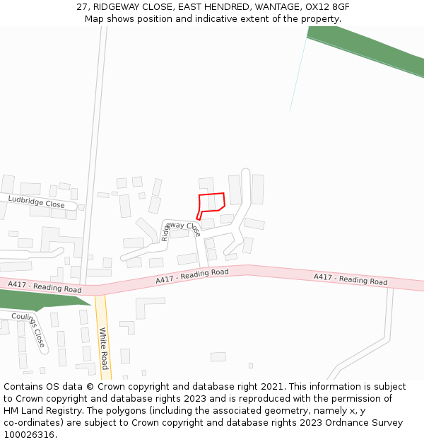 27, RIDGEWAY CLOSE, EAST HENDRED, WANTAGE, OX12 8GF: Location map and indicative extent of plot