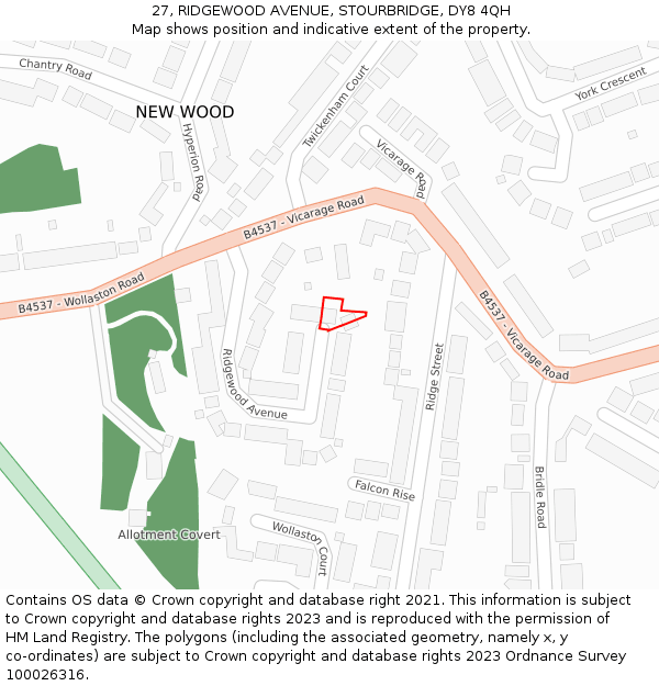 27, RIDGEWOOD AVENUE, STOURBRIDGE, DY8 4QH: Location map and indicative extent of plot