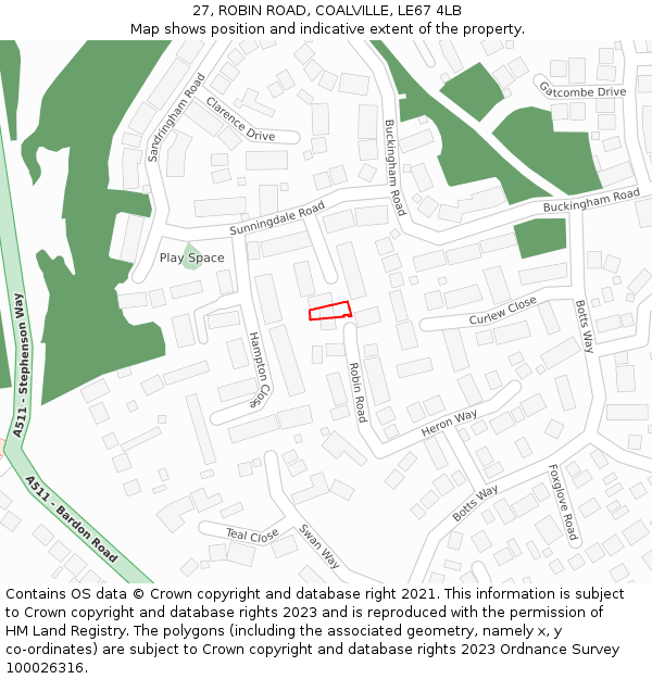 27, ROBIN ROAD, COALVILLE, LE67 4LB: Location map and indicative extent of plot