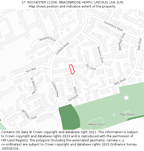 27, ROCHESTER CLOSE, BRACEBRIDGE HEATH, LINCOLN, LN4 2UN: Location map and indicative extent of plot