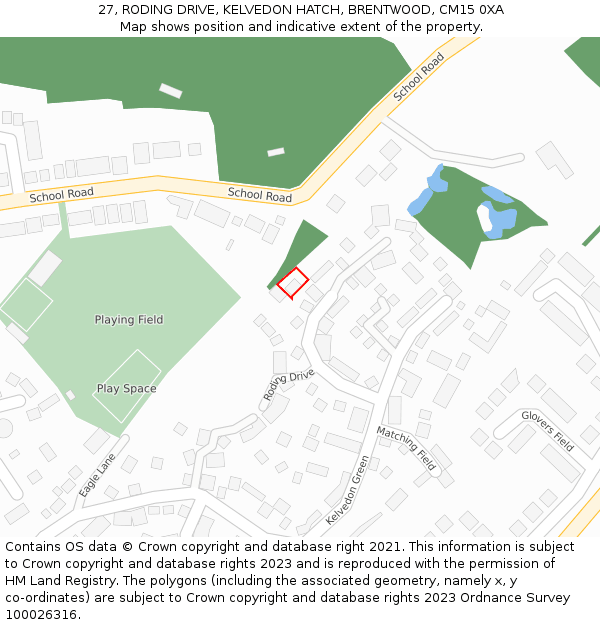 27, RODING DRIVE, KELVEDON HATCH, BRENTWOOD, CM15 0XA: Location map and indicative extent of plot