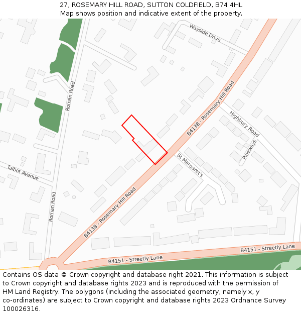 27, ROSEMARY HILL ROAD, SUTTON COLDFIELD, B74 4HL: Location map and indicative extent of plot