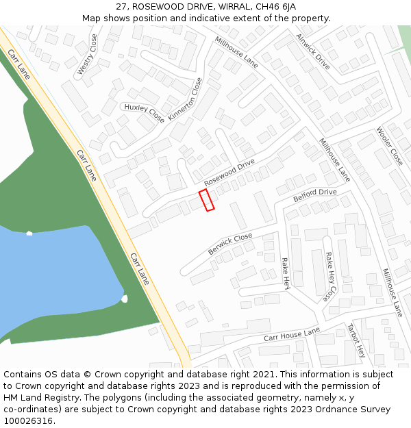 27, ROSEWOOD DRIVE, WIRRAL, CH46 6JA: Location map and indicative extent of plot