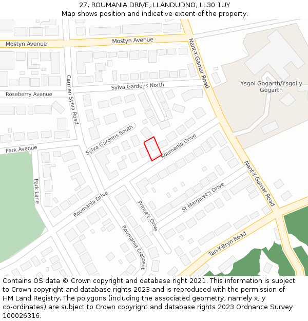 27, ROUMANIA DRIVE, LLANDUDNO, LL30 1UY: Location map and indicative extent of plot