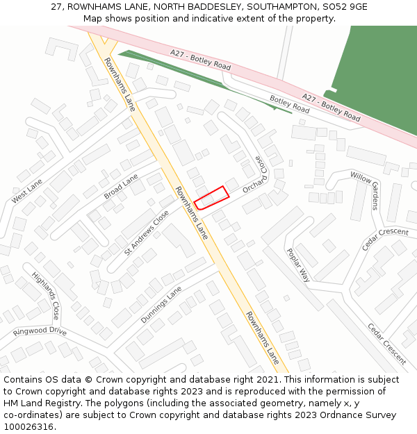 27, ROWNHAMS LANE, NORTH BADDESLEY, SOUTHAMPTON, SO52 9GE: Location map and indicative extent of plot