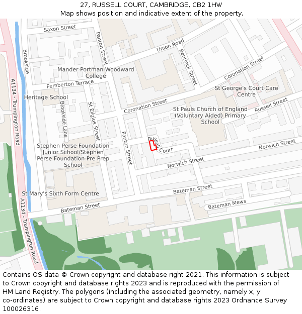 27, RUSSELL COURT, CAMBRIDGE, CB2 1HW: Location map and indicative extent of plot