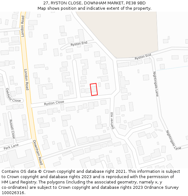 27, RYSTON CLOSE, DOWNHAM MARKET, PE38 9BD: Location map and indicative extent of plot