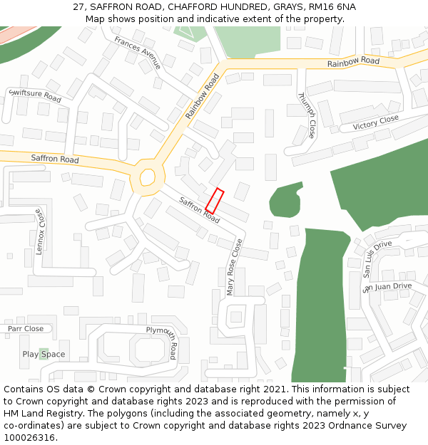 27, SAFFRON ROAD, CHAFFORD HUNDRED, GRAYS, RM16 6NA: Location map and indicative extent of plot