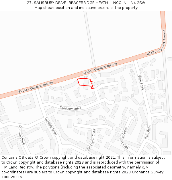 27, SALISBURY DRIVE, BRACEBRIDGE HEATH, LINCOLN, LN4 2SW: Location map and indicative extent of plot