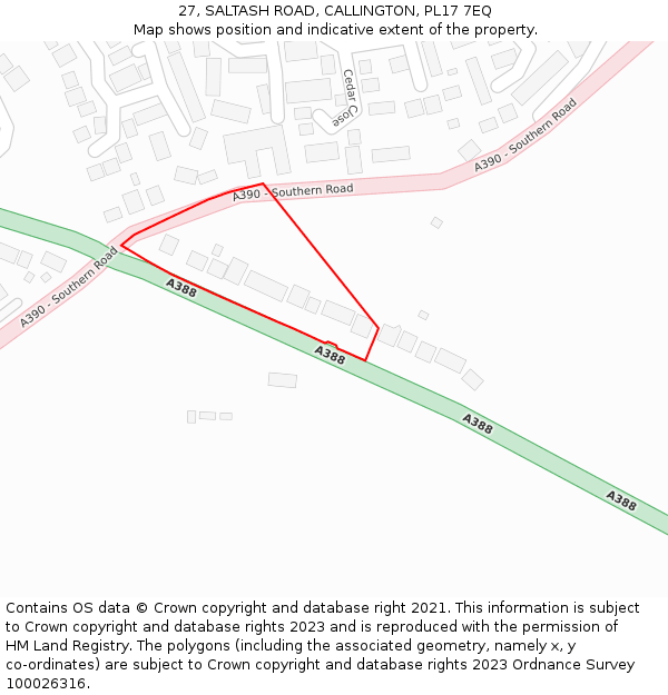 27, SALTASH ROAD, CALLINGTON, PL17 7EQ: Location map and indicative extent of plot