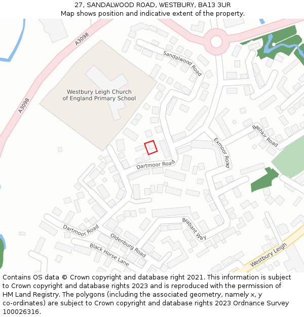 27, SANDALWOOD ROAD, WESTBURY, BA13 3UR: Location map and indicative extent of plot