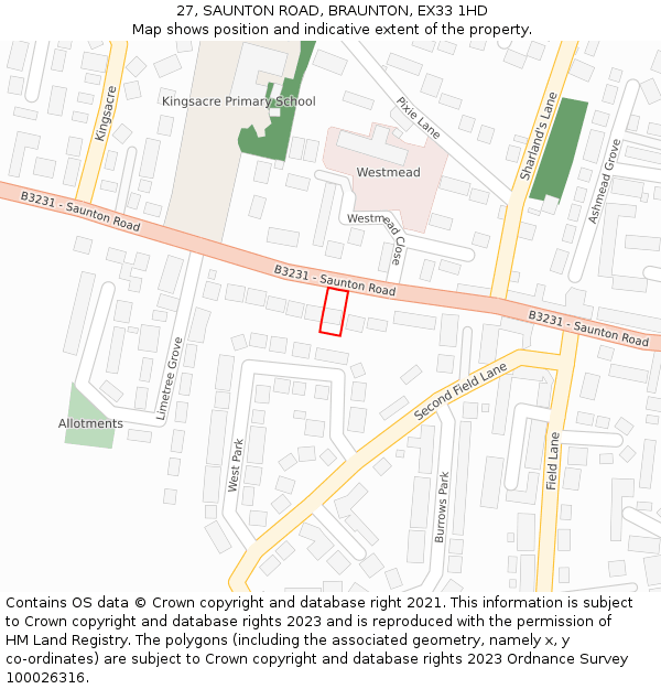27, SAUNTON ROAD, BRAUNTON, EX33 1HD: Location map and indicative extent of plot