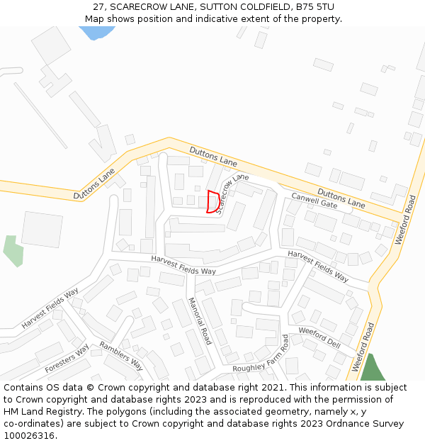 27, SCARECROW LANE, SUTTON COLDFIELD, B75 5TU: Location map and indicative extent of plot