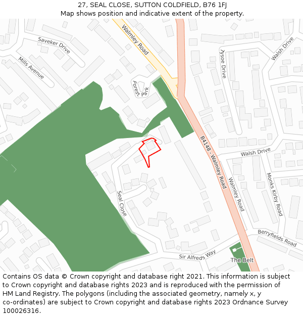 27, SEAL CLOSE, SUTTON COLDFIELD, B76 1FJ: Location map and indicative extent of plot
