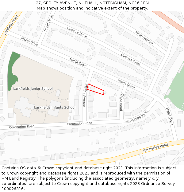 27, SEDLEY AVENUE, NUTHALL, NOTTINGHAM, NG16 1EN: Location map and indicative extent of plot