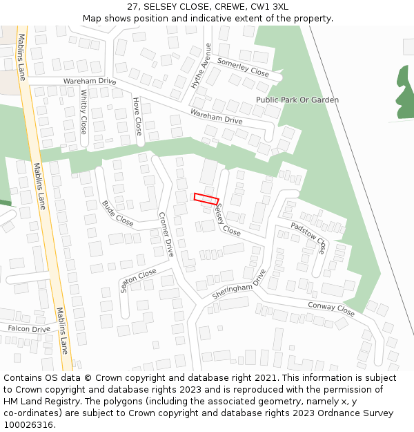 27, SELSEY CLOSE, CREWE, CW1 3XL: Location map and indicative extent of plot