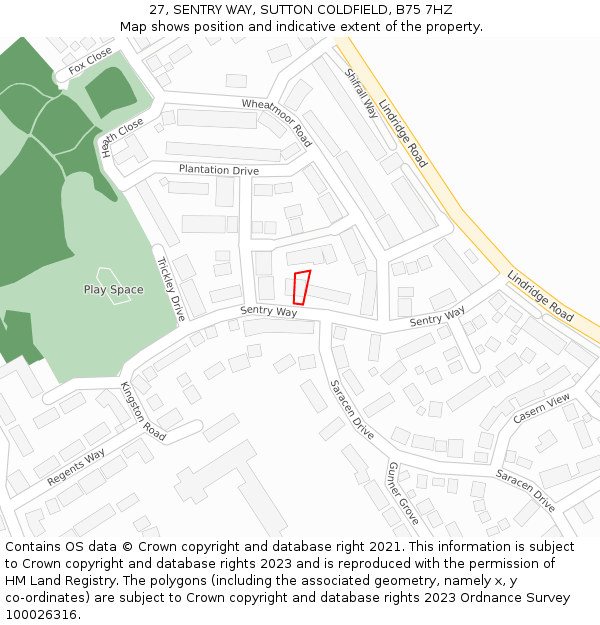 27, SENTRY WAY, SUTTON COLDFIELD, B75 7HZ: Location map and indicative extent of plot
