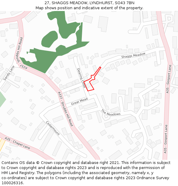 27, SHAGGS MEADOW, LYNDHURST, SO43 7BN: Location map and indicative extent of plot