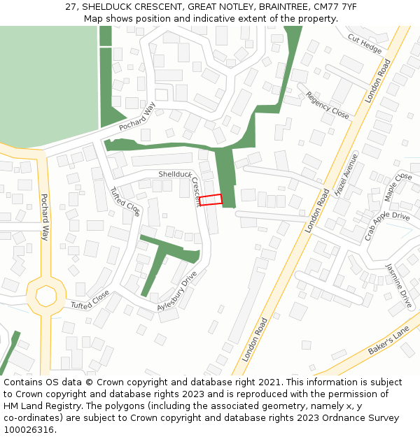 27, SHELDUCK CRESCENT, GREAT NOTLEY, BRAINTREE, CM77 7YF: Location map and indicative extent of plot