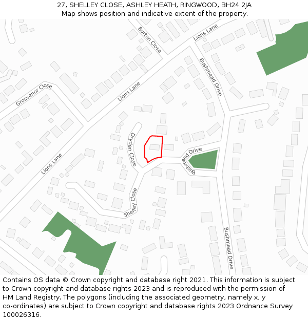 27, SHELLEY CLOSE, ASHLEY HEATH, RINGWOOD, BH24 2JA: Location map and indicative extent of plot