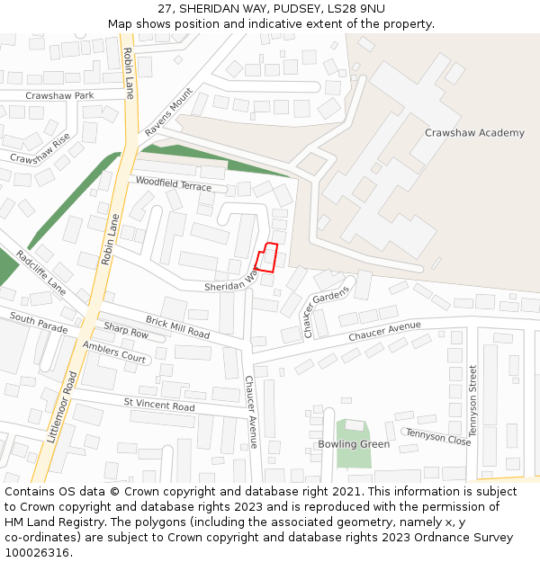 27, SHERIDAN WAY, PUDSEY, LS28 9NU: Location map and indicative extent of plot