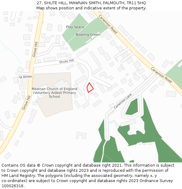 27, SHUTE HILL, MAWNAN SMITH, FALMOUTH, TR11 5HQ: Location map and indicative extent of plot