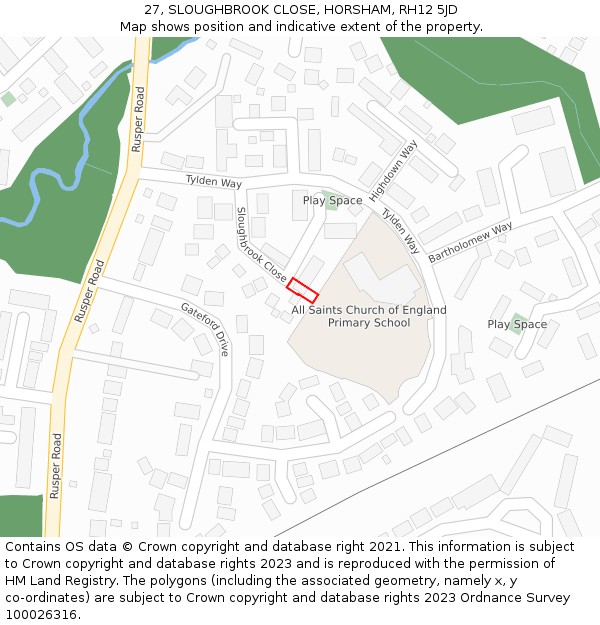 27, SLOUGHBROOK CLOSE, HORSHAM, RH12 5JD: Location map and indicative extent of plot